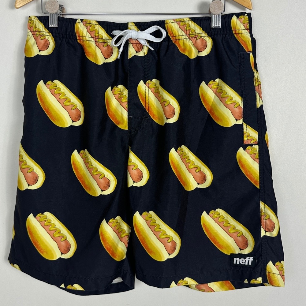 NEFF Hot Dog Swim Shorts Mens Size Large Black Yellow Orange Board Novelty L